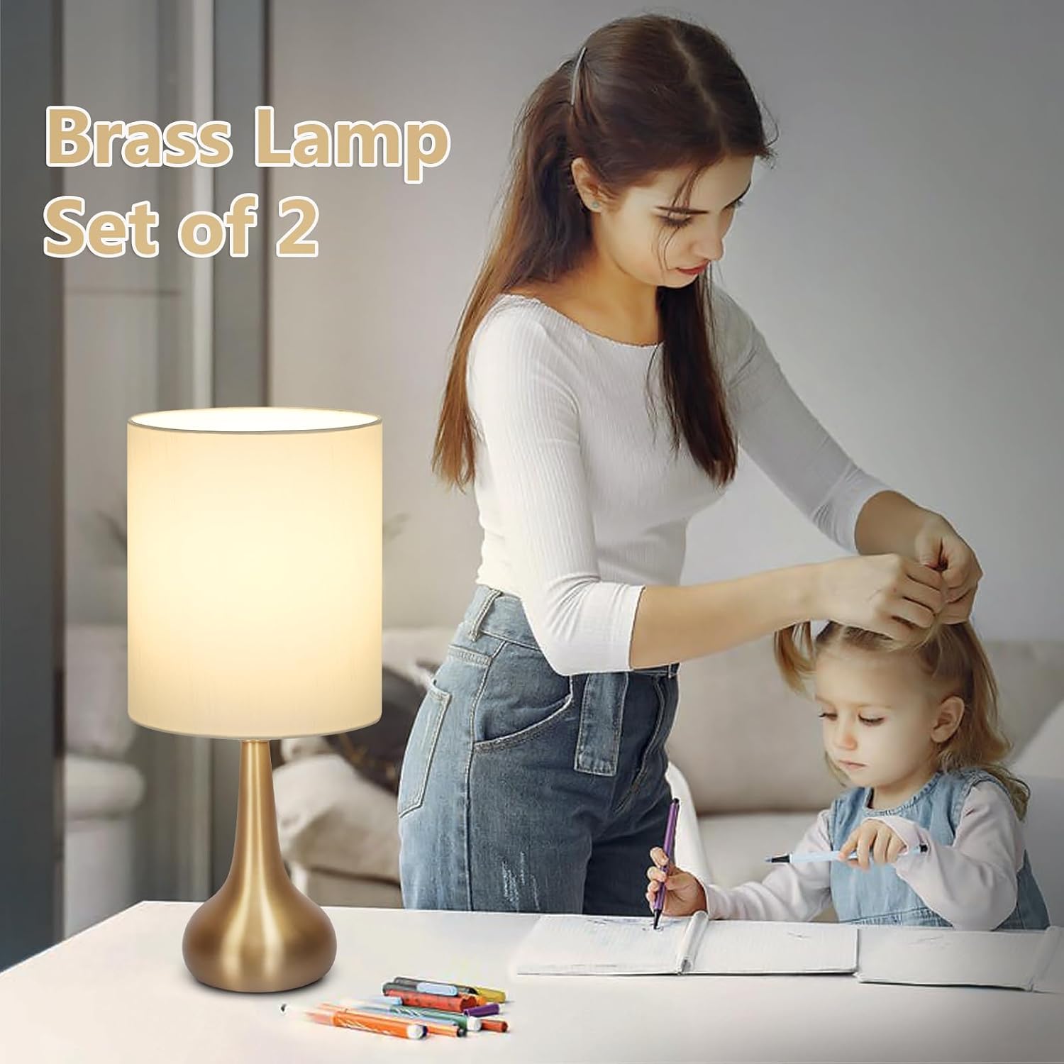 Set of 2 Bedside Touch Lamps, 16 Inch Dimmable Small Nightstand Lamp, Night Light Lamp Simple Touch Table Lamp with Brass Metal Base for…