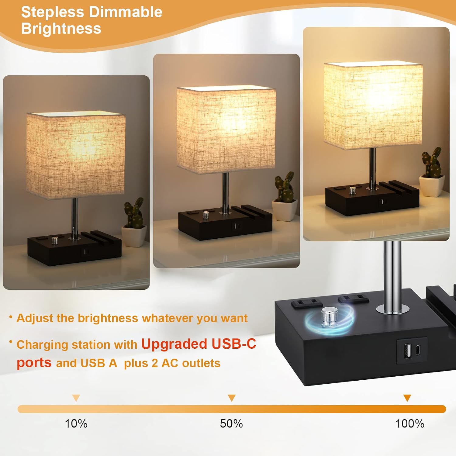 Kakanuo Table Lamp for Bedroom with Dual USB Ports, Beige Fully Dimmable Bedside Lamp with Phone Stands and 2 Charging Outlets, Desk Lamp…