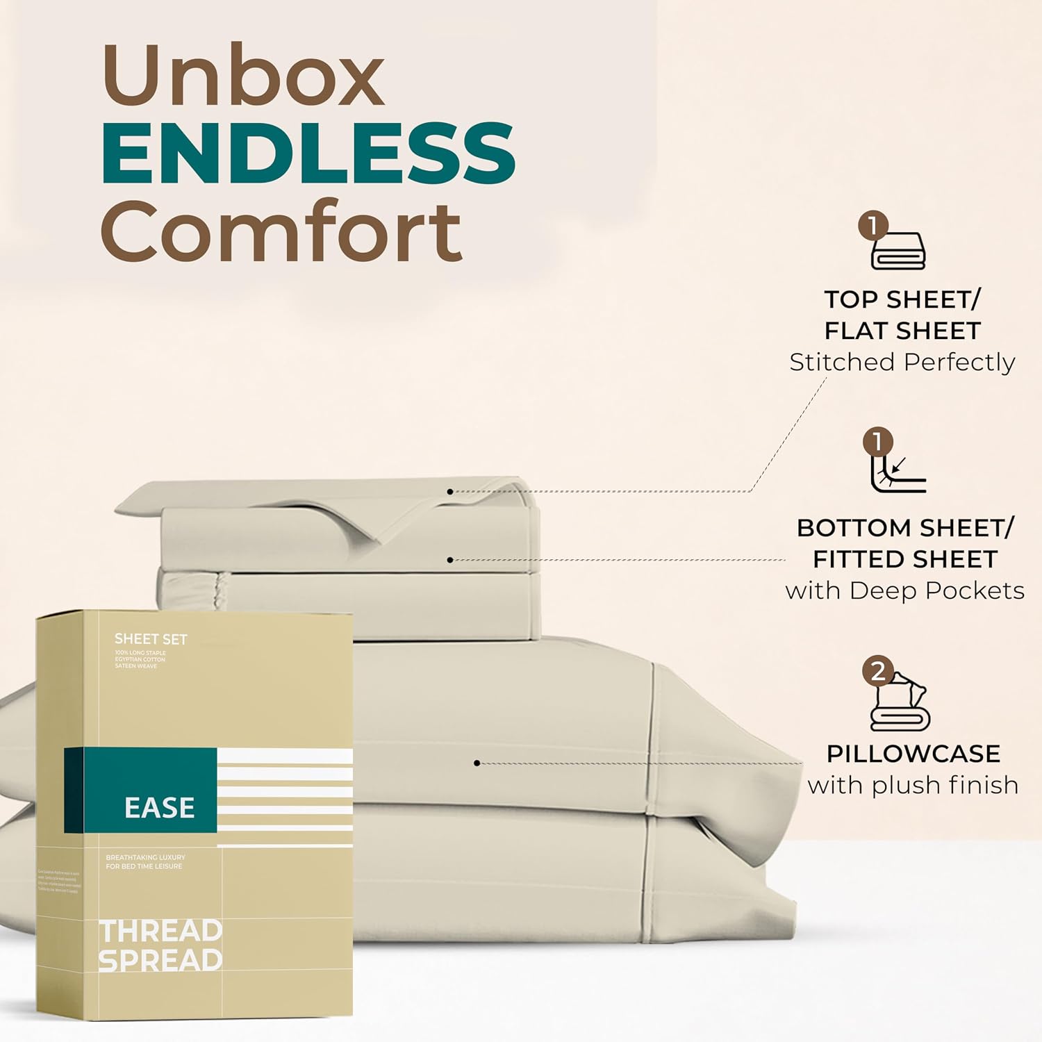 THREAD SPREAD Egyptian Cotton Sheets Full Size – 300 Series 16" Deep Pocket 100% Cotton Full Size Sheets Set (4 PC, Ivory), Soft…