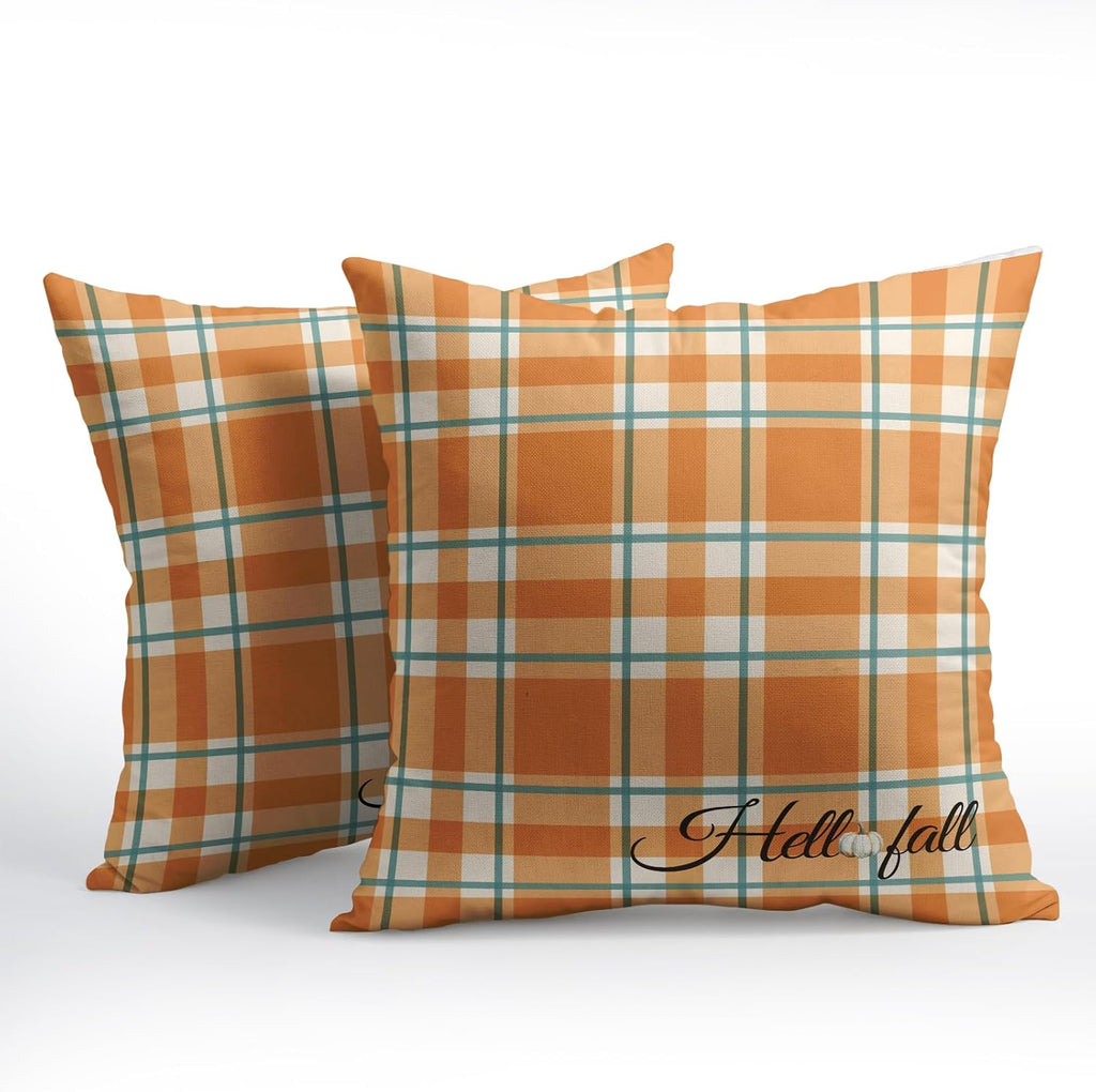 Orange Stripe Fall Throw Pillow Cover 16x16 Inch Set of 2 Hello Fall Stripes Buffalo Plaid Decorative Pillow Protector Pumpkin Autumn…