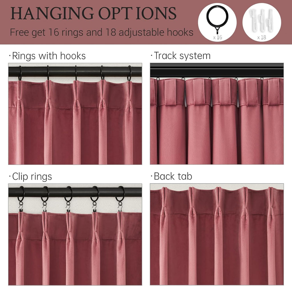 Drapenova Dusty Rose Velvet Curtains 90 Inches Long, Luxury Thick Velvet Viral Pinch Pleated Drapes for Nursery Girls Room Blackout D…
