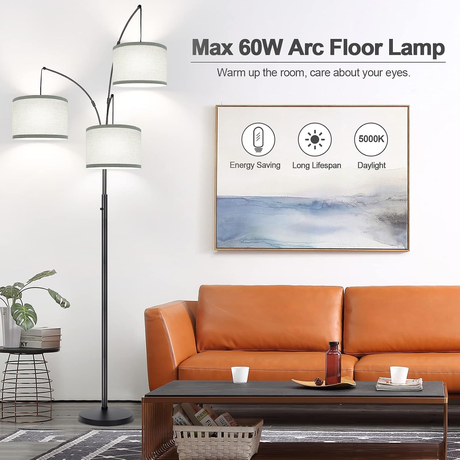 Dimmable Floor Lamp - 3 Lights Arc Floor Lamps for Living Room, 1000LM Modern Tall Standing Lamp With Gray Shades & Heavy Base, Mid…