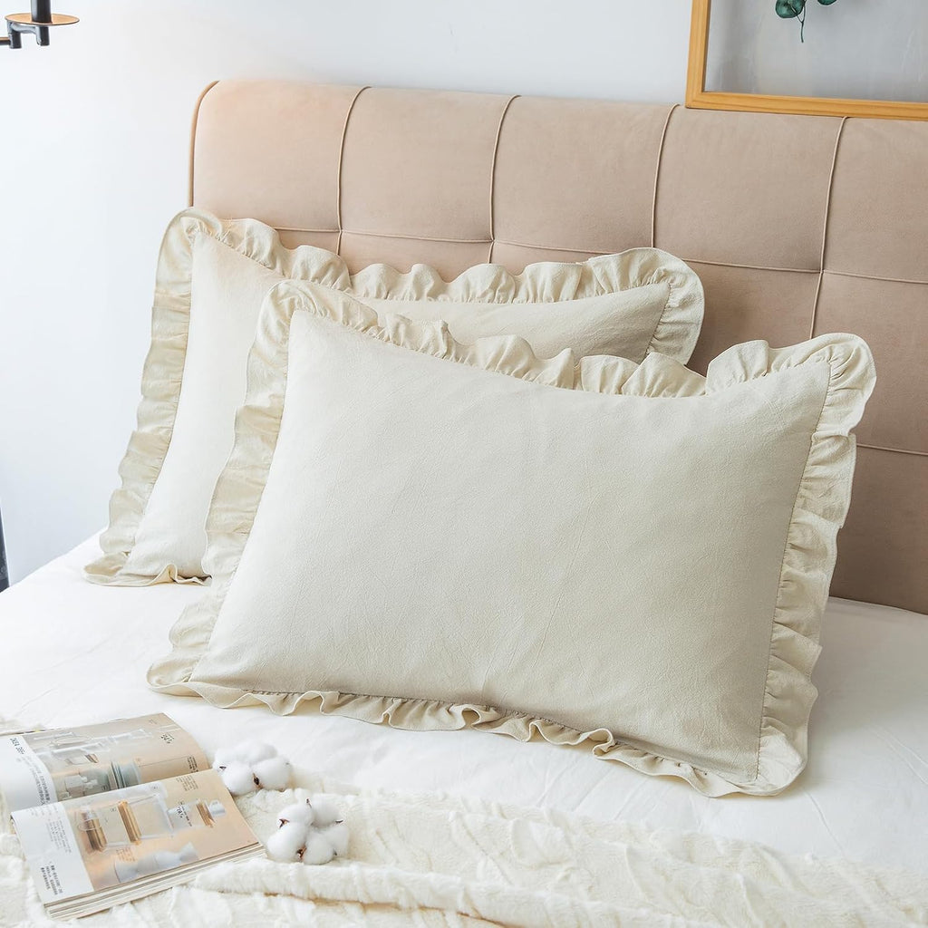 GLORY SEASON Pillow Shams Set of 2 Washed 100% Cotton Retro Ruffle Flounces Trim Solid Beige Decorative Pillow Cases for Home Bedroom…