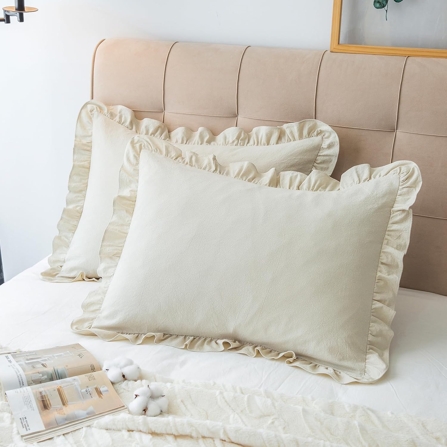 GLORY SEASON Pillow Shams Set of 2 Washed 100% Cotton Retro Ruffle Flounces Trim Solid Beige Decorative Pillow Cases for Home Bedroom…