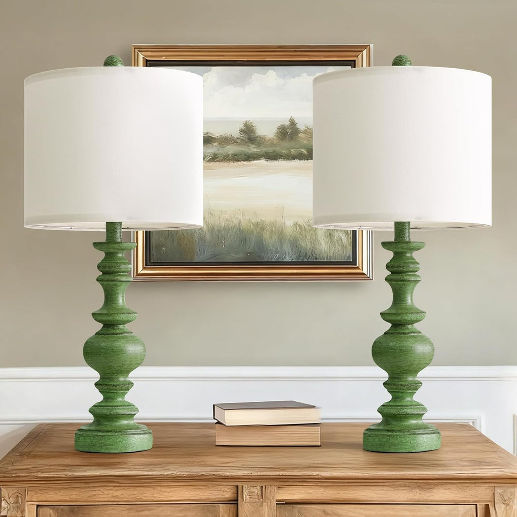 BOBOMOMO 24" Farmhouse Table Lamps Set of 2 – Sage Green Bedside Lamps with Linen Shades, Medium Traditional Lamps for Living Room…