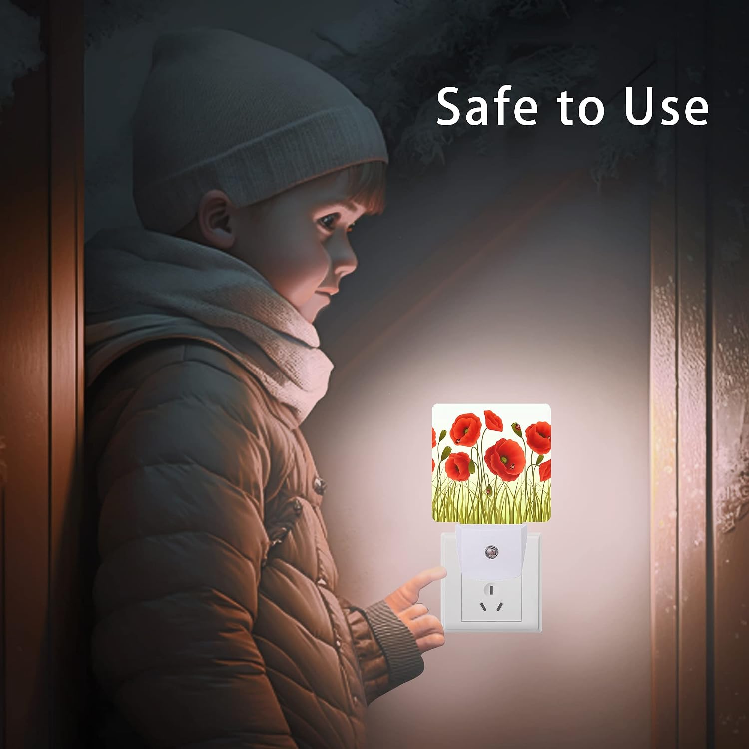 Red Flowers Night Light, Red Poppy Flowers and Ladybugs Plug-in Night Lights with Dusk-to-Dawn Sensor for Stairway/Hallway/Bedroom Sleep…