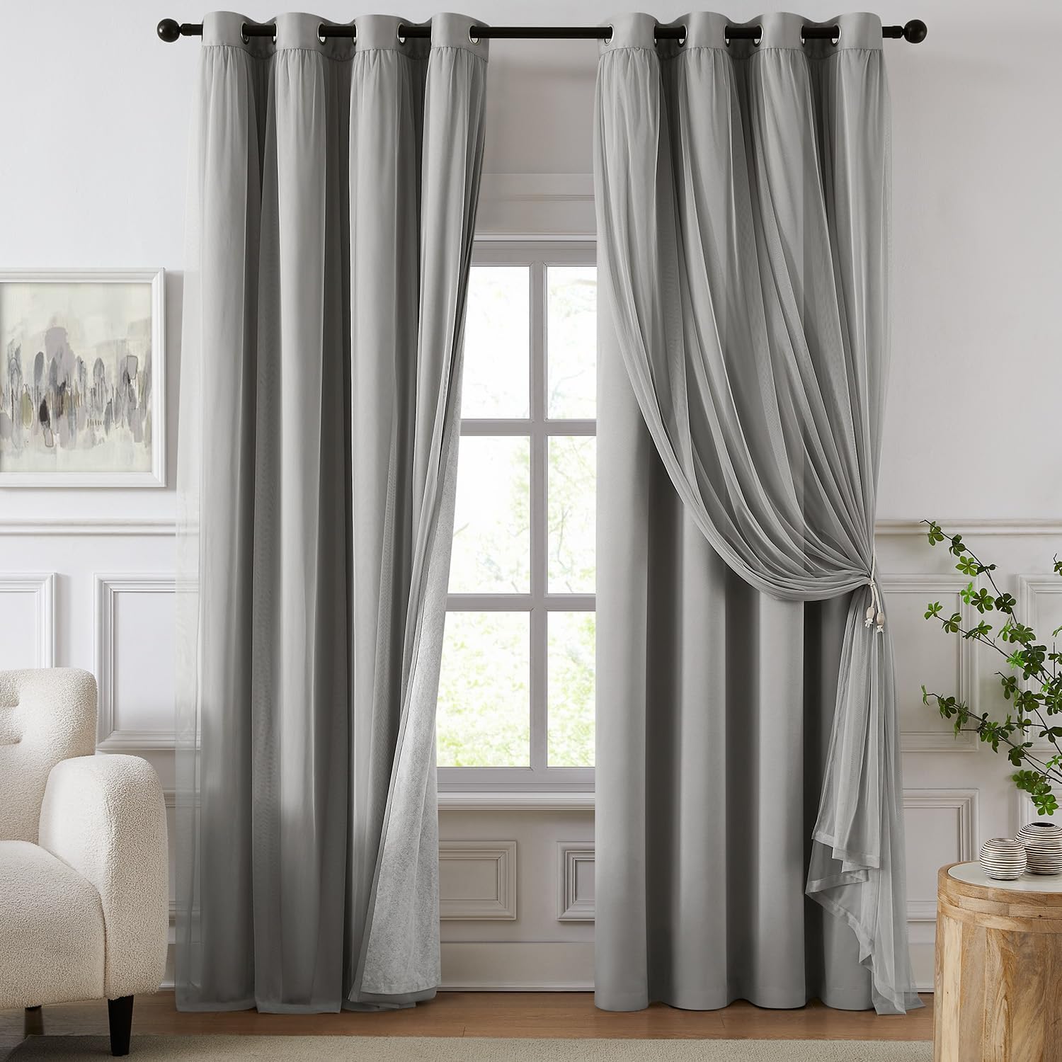 Swandream Blackout Curtains for Bedroom, Double Layer Grey Curtains, Black Out Curtain 90 inch Long with Sheer Overlay for Living Room, Roo…