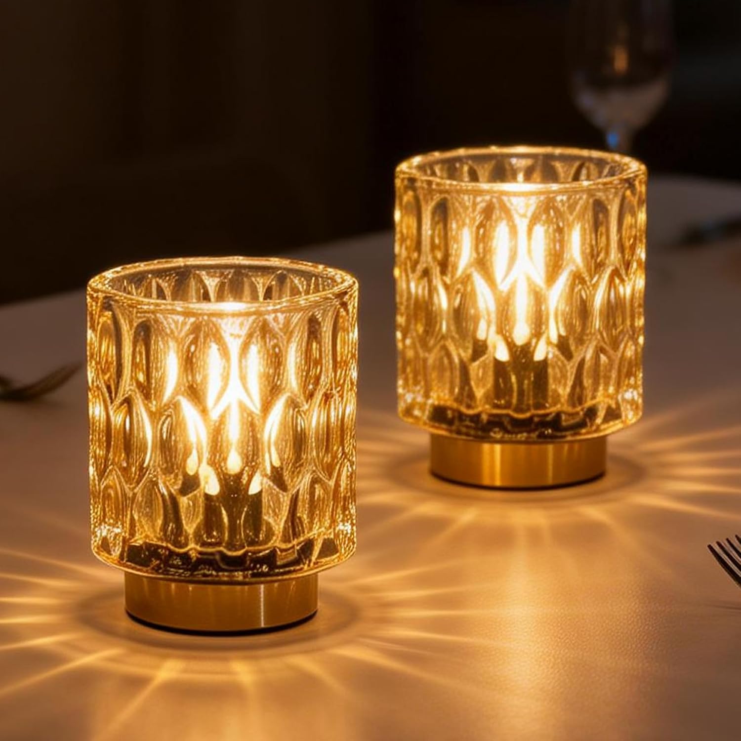 LUSHARBOR Battery Operated Table Lamp Set of 2, Small Gold Glass Decorative Lamps with Timer, Cordless Mini Ambient Lights for Bedroom…
