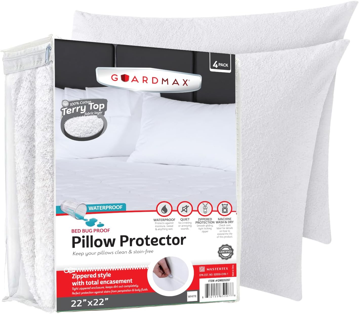 Guardmax Terry Cotton Waterproof 22x22 Size - Zippered Bed Bug Pillow Protector 2 Pack - Hypoallergenic Pillow Case Cover Protects from…