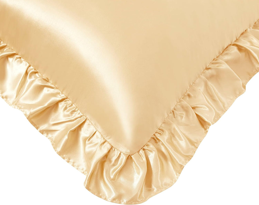 HommxJF Silky Satin Ruffled Pillow Cases for Hair and Skin, Gold Silk Pillowcases Standard Set of 2 with Envelope Closure Princess Room Deco…