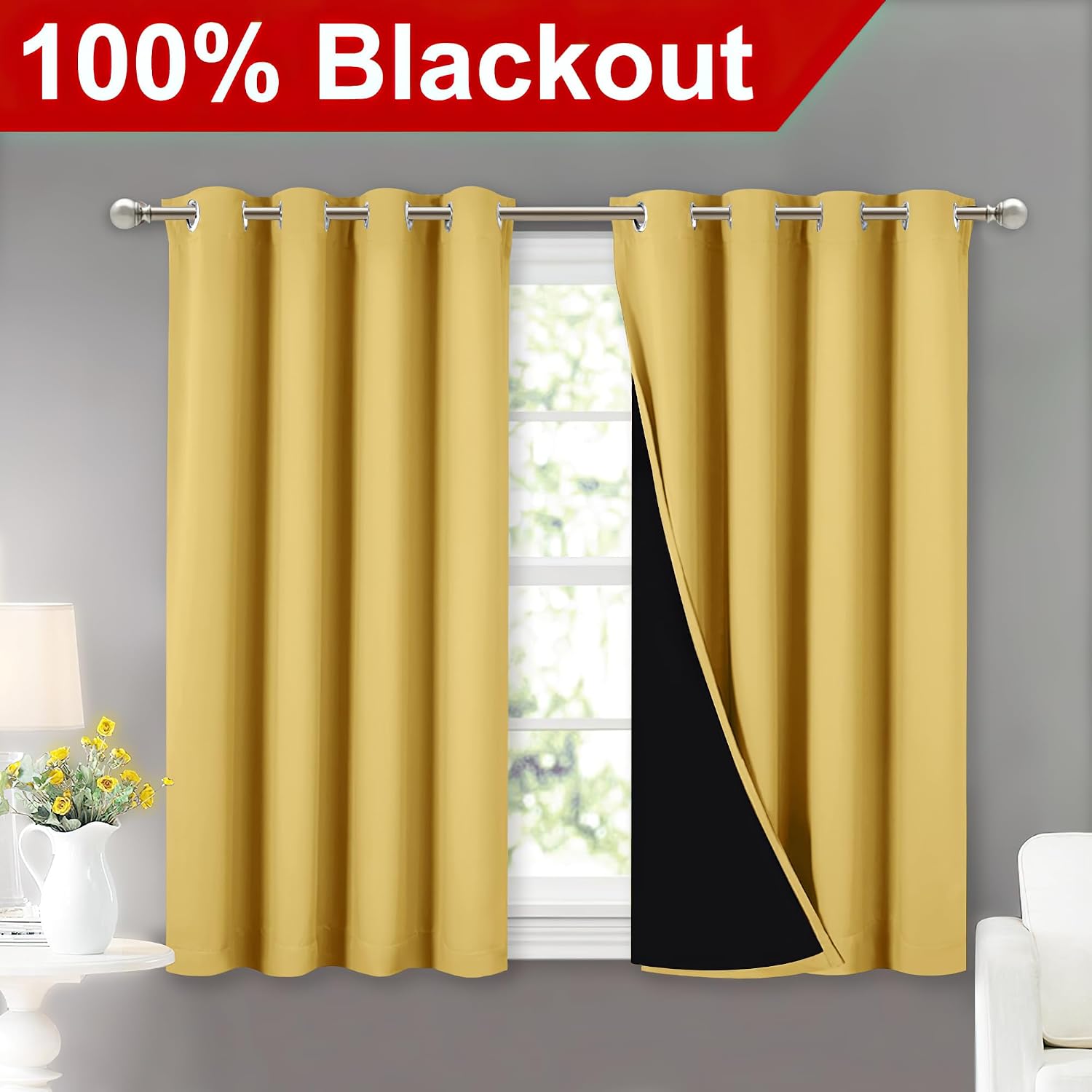 Nicetown 100% Blackout Curtains with Black Liners, Thermal Insulated Full Blackout 2-Layer Lined Drapes, Energy Efficiency Window Drapes fo…