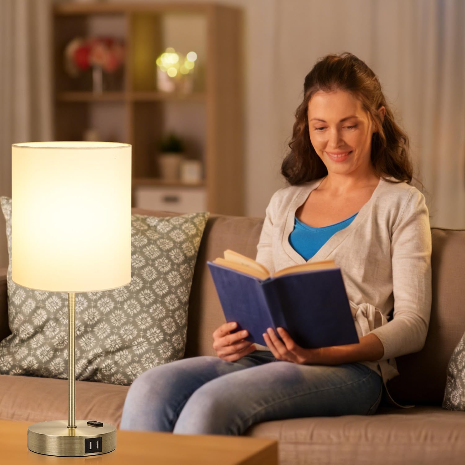 Lynnoland Set of 2 Touch Control Table Lamps with 2 USB & AC Outlet, 3-Way Dimmable Bedside Nightstand Lamps for Bedroom Living Room…