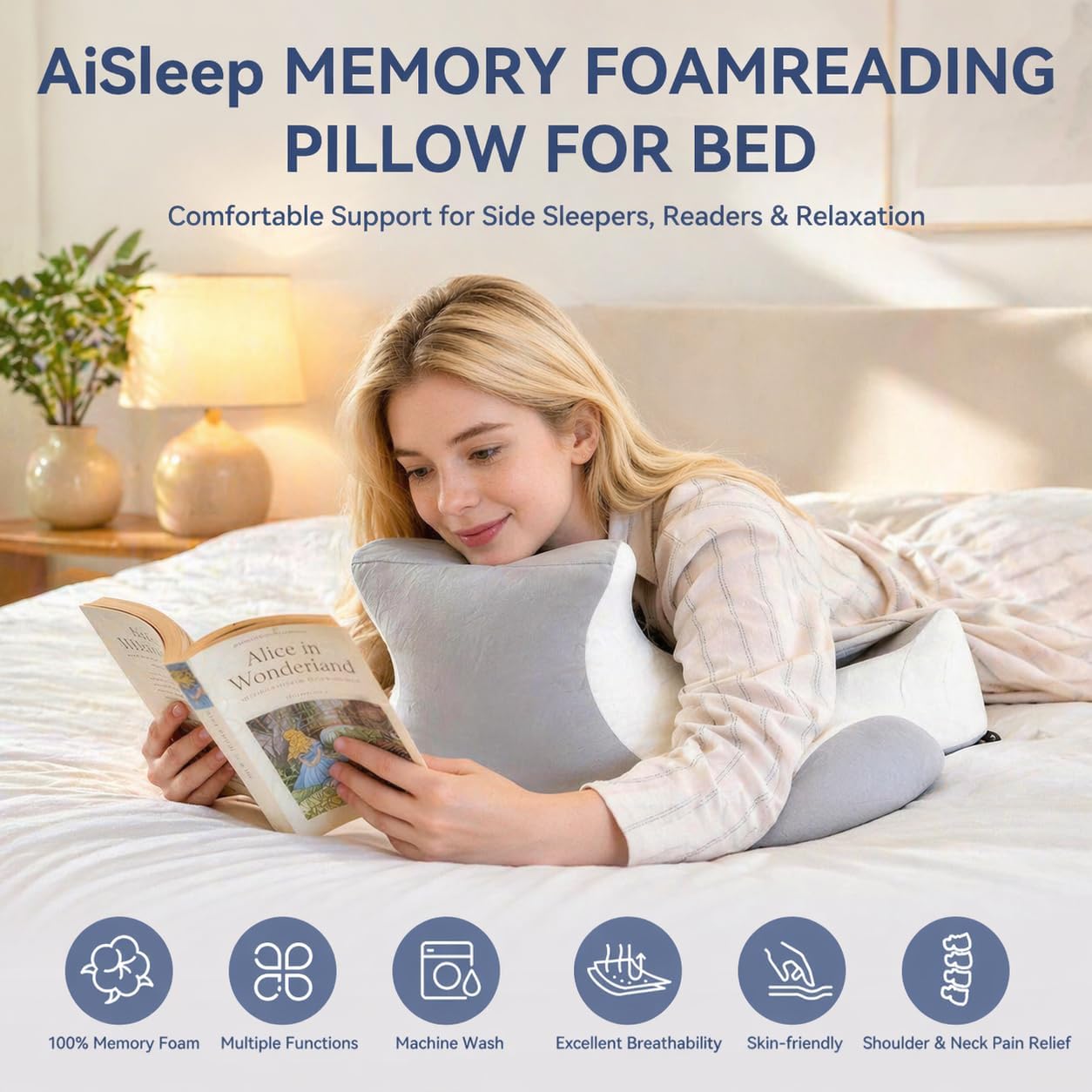 AiSleep Reading Pillow for Bed, Leaning, Lying and Prone, Memory Foam Bed Wedge Pillow for Headboard, Ergonomic Bed Wedge Pillow for Sleepi…