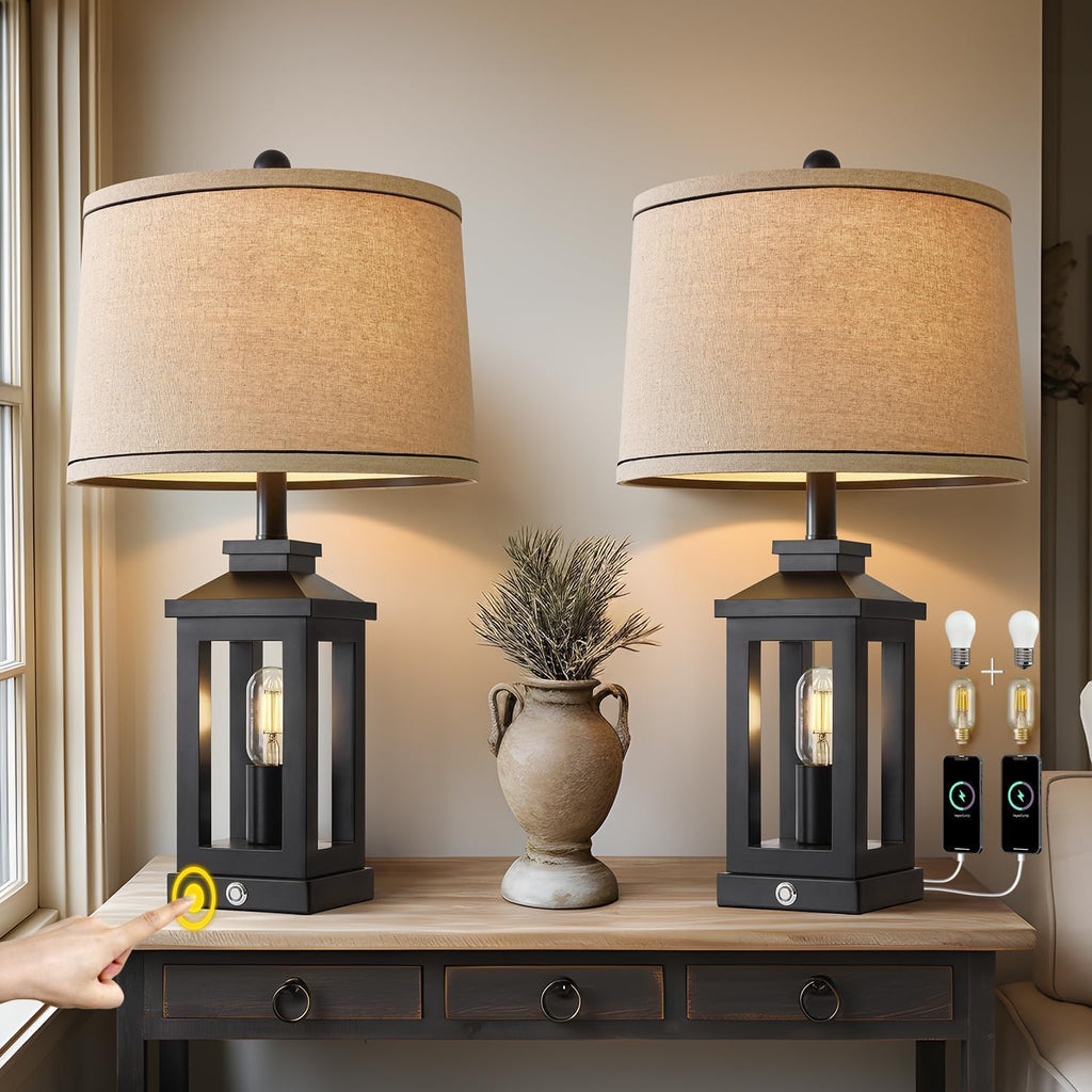 G-SAFAVA 23.75" Retro Farmhouse Black Table Lamp for Living Room Bedroom Nightstand Set of 2 Touch Control Bedside Nightlight Vintage…