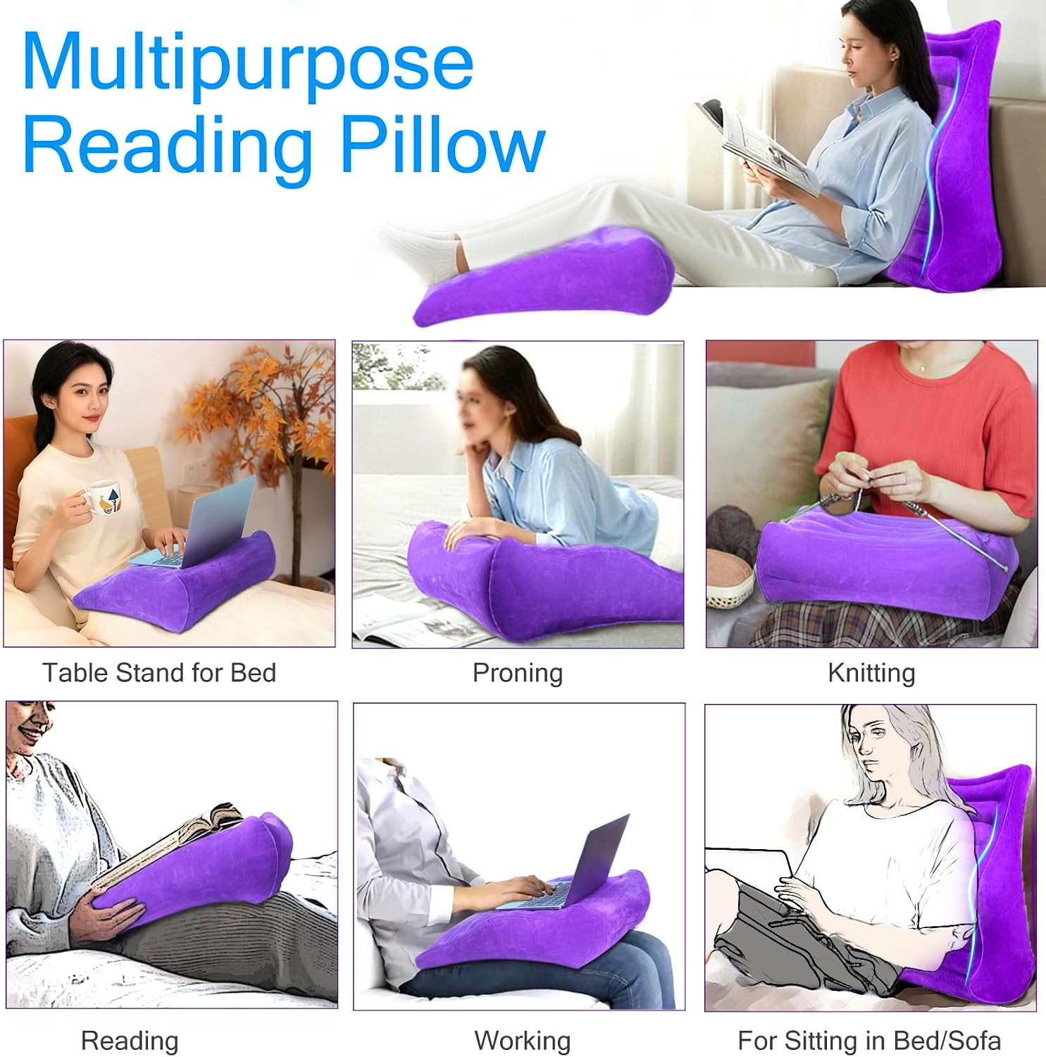 Bed Reading Pillow with S-Curve, Gaming Pillow for Working Crocheting, Ergonomic Bed Wedge Pillow for Sleeping, Inflatable Backrest…