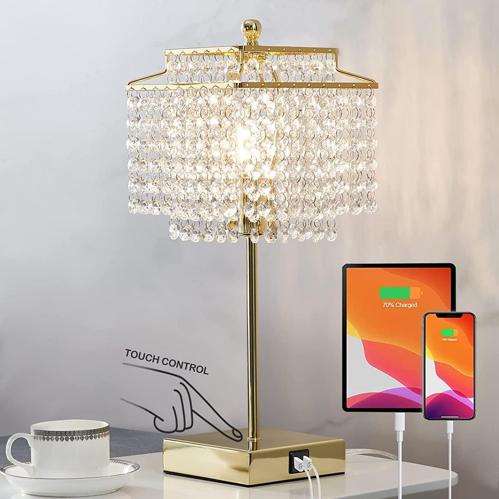 Luvkczc Set of 2 USB Bedside Crystal Table Lamp Gold, Touch Control Lamp, Dimmable Lamp with Crystal Shade for Bedroom, Living Room, 6W…