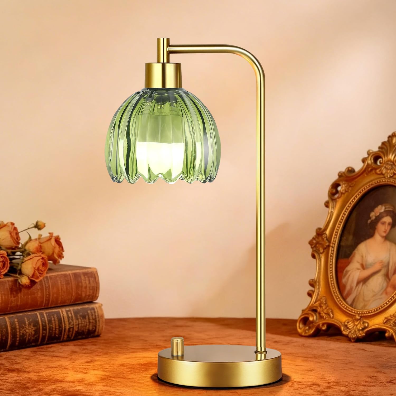 ILLMTW Green Table Lamp Set of 2, Small Glass Bedside Lamps Dimmable Boho Bedroom Lamp with Tulip Flower Lamp Shade, Gold Vintage Mid…
