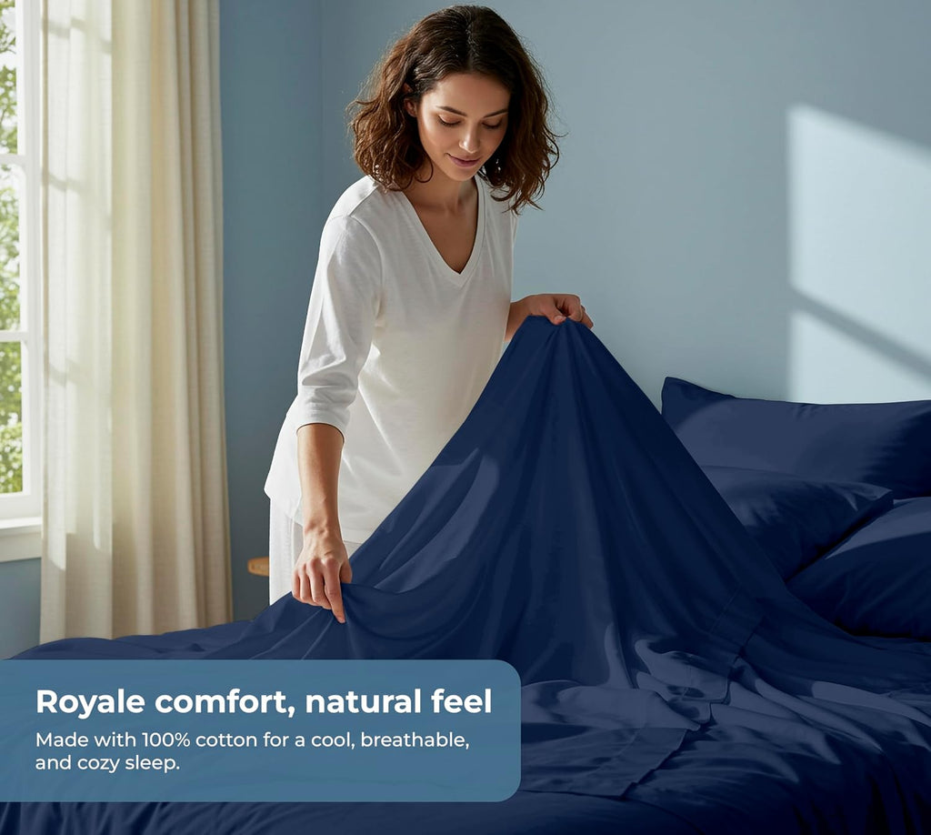 Royalelinens ROYALE LINENS 100% Organic Cotton Full Sheet Set - Percale Weave - 4 Pieces Set - 1 Flat, 1 Deep Pocket Fitted Sheet and 2 Pil…