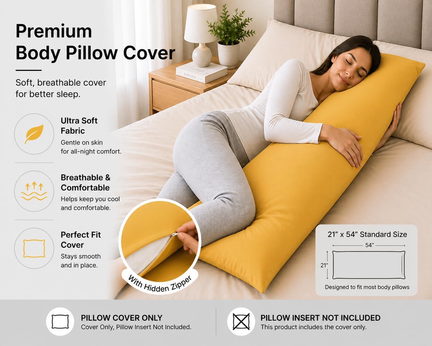EVOLIVE Body Pillow Cover 21"x54", Ultra Soft Microfiber Pillowcase with Hidden Zipper, Breathable, Machine Washable, for Side Sleepers…