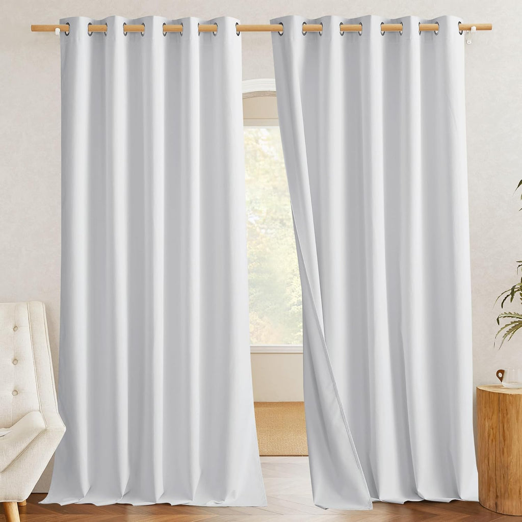 NICETOWN 100% Absolutely Blackout Linen Curtains with Thermal Insulated White Liner, White, W62, 2 Pieces, Noise Reducing Textured Linen…