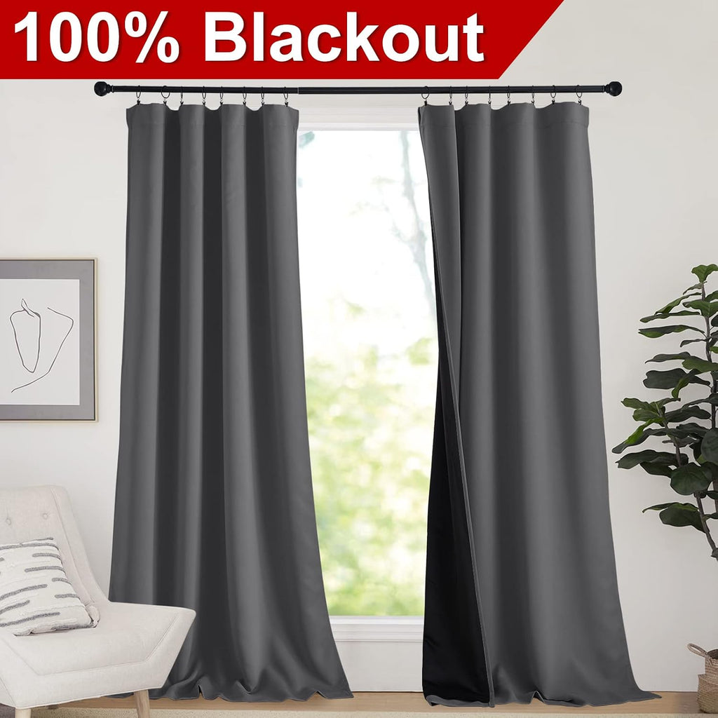 Nicetown Total Shade Curtains and Draperies, Grey Blackout Bedroom Curtains, Heavy-Duty Rod Pocket Drapes with Black Liner Backing for Vill…