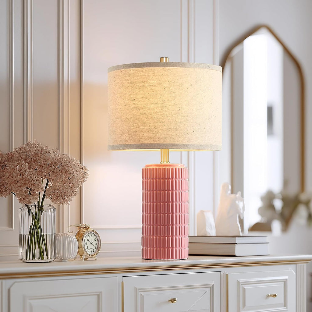 AIEAMPDO 23" Set of 2 Pink Ceramic Table Lamp for Living Room Bedroom, Modern Farmhouse Nightstand Desk Lamps for Dining Room Dresser End…