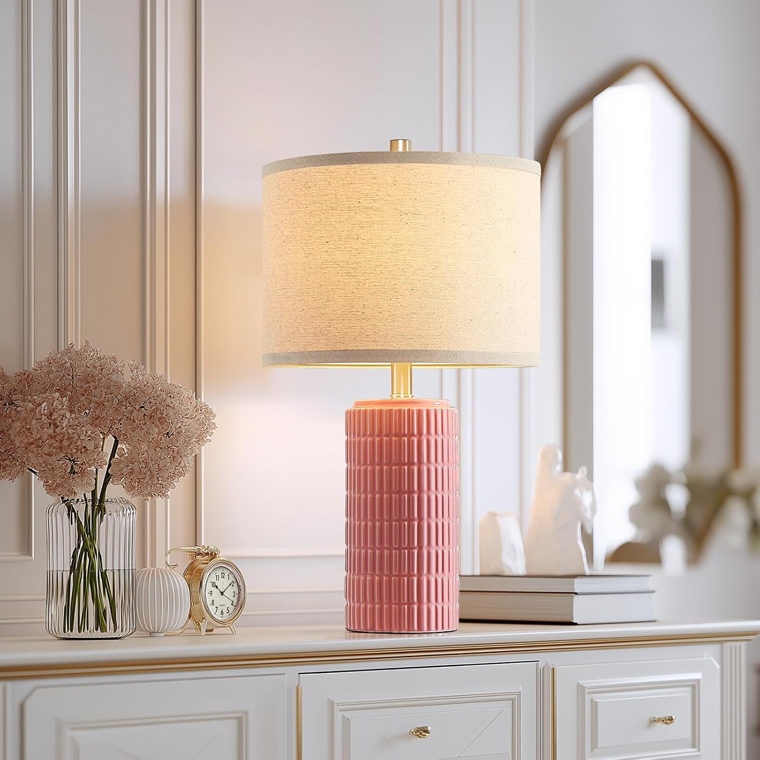 AIEAMPDO 23" Set of 2 Pink Ceramic Table Lamp for Living Room Bedroom, Modern Farmhouse Nightstand Desk Lamps for Dining Room Dresser End…