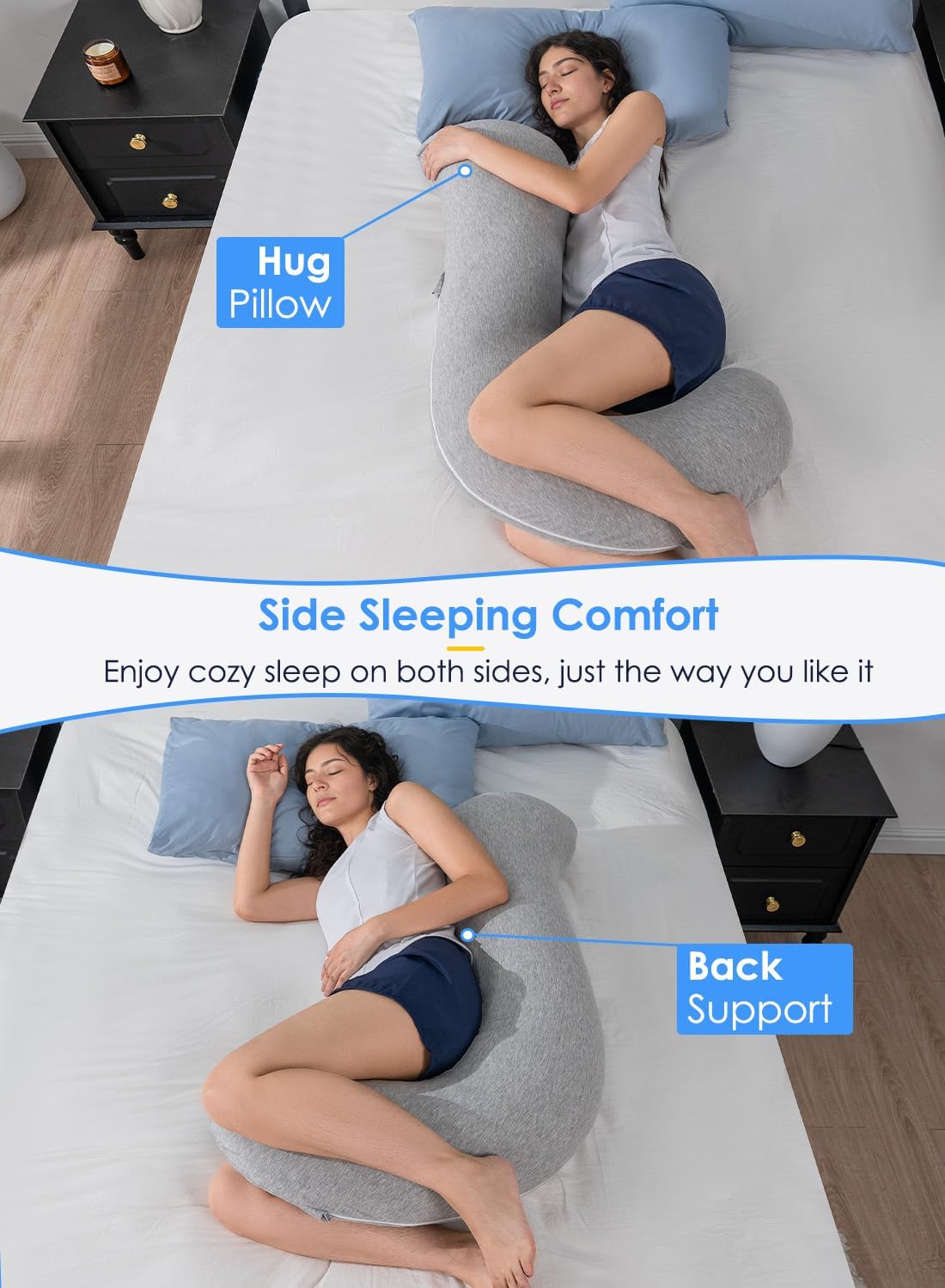Queenrose QUEEN ROSE Body Pillow, Full Body Support Pillow for Side Sleepers, Cooling Soft S Shaped Hug Pillow for Adults, Grey Grey