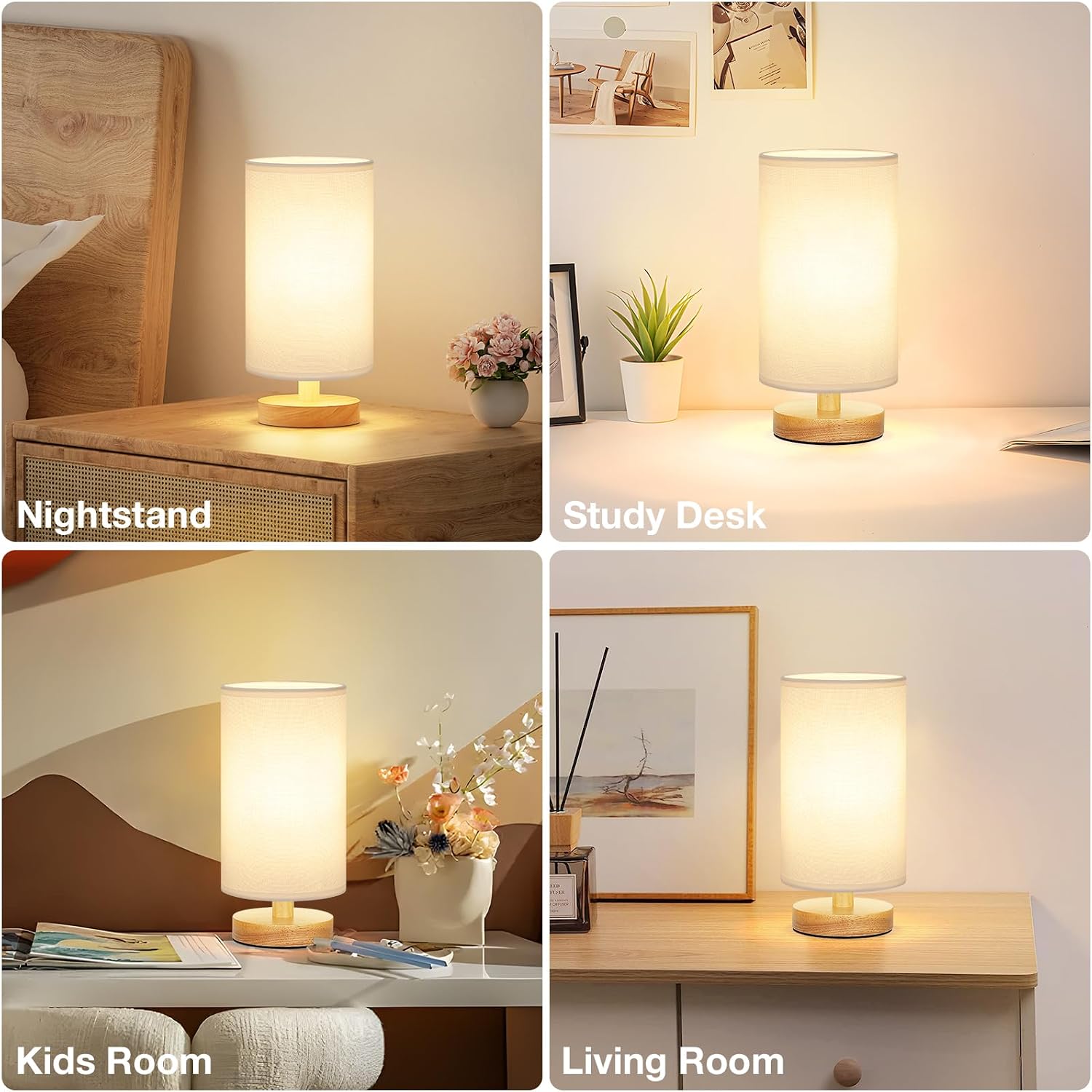 Fenmzee Small Table Lamp for Bedroom - Inline Control, Bedside Lamp with 3000K A15 LED Blub, Easy Assembly (White Shade - Wood Base, 9"…