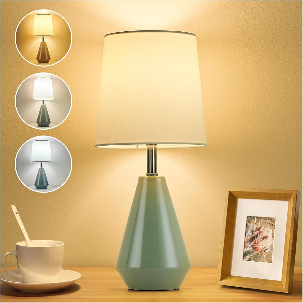 Small Bedside Table Lamp for Bedroom - Reading Desk Lamp with 3 Color Temperatures,15.5" Nightstand Ceramic Lamp with Fabric Shade for…