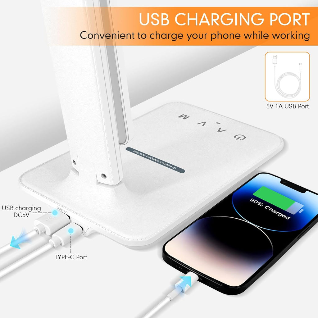 White crown LED Desk Lamp with 15W Wireless Charger & USB Port, Dimmable Table Lamp with 5 Lighting Modes, Sensitive Touch Control…
