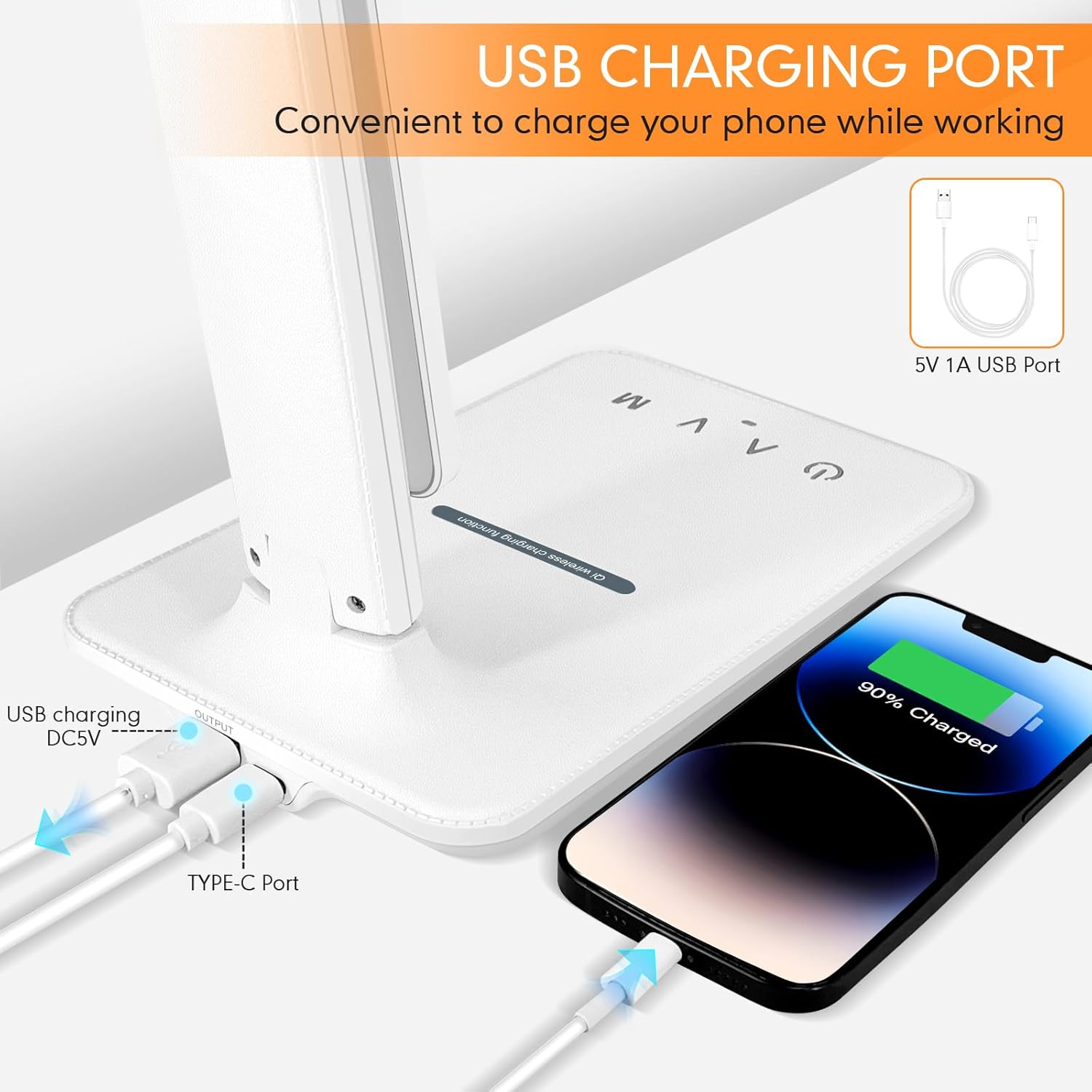White crown LED Desk Lamp with 15W Wireless Charger & USB Port, Dimmable Table Lamp with 5 Lighting Modes, Sensitive Touch Control…