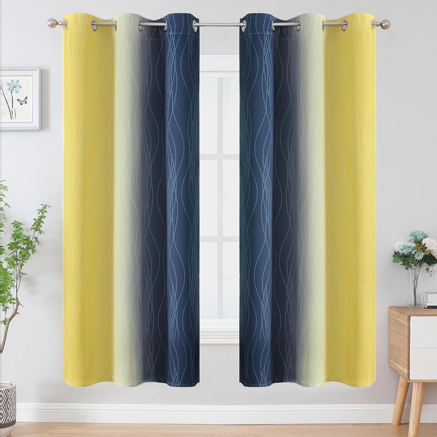 Estelartextiler Estelar Textiler Navy Blue and Yellow Ombre Blackout Curtains for Living Room, Full Room Darkening Grommet Curtains for Bed…