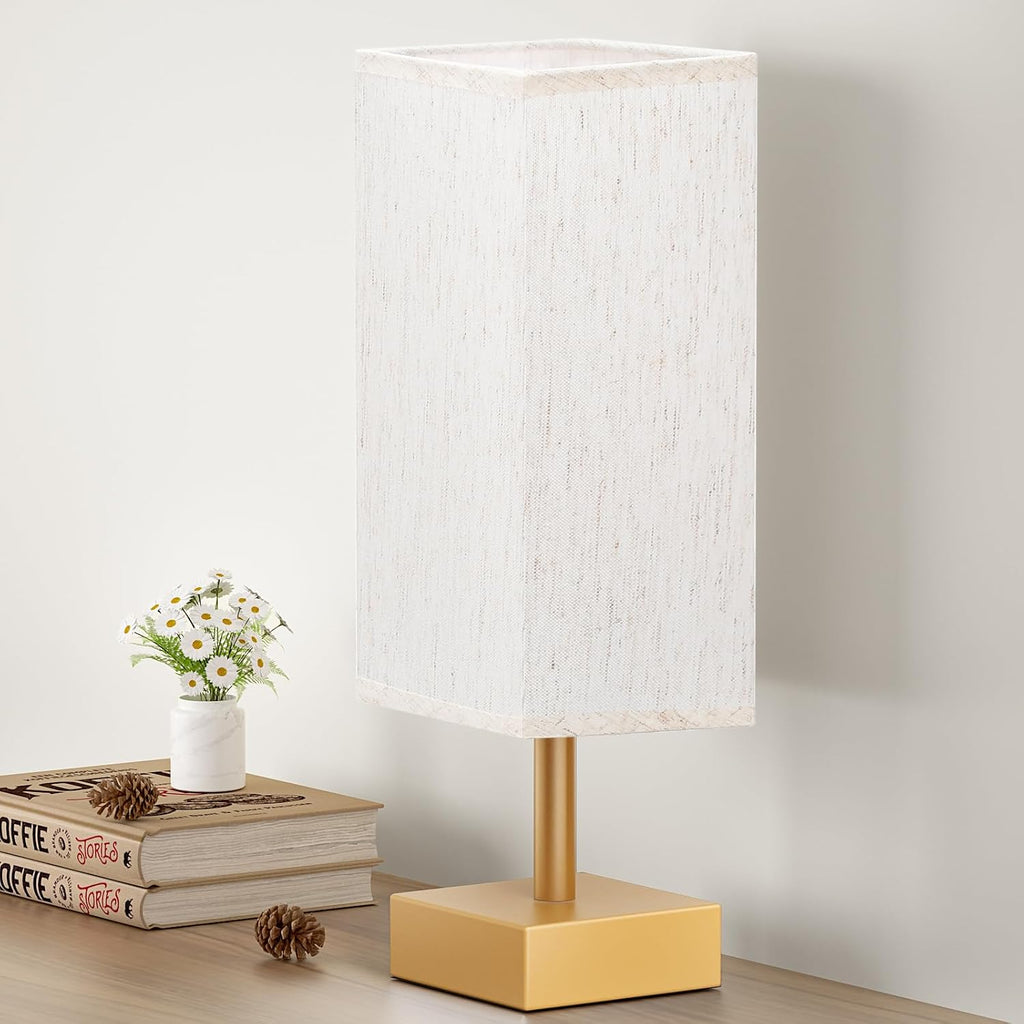 aooshine Gold Small Table Lamp - Bedside Lamp for Bedroom, Minimalist Nightstand Lamp with Square Fabric Shade, Desk Lamp for Kids Room Dorm