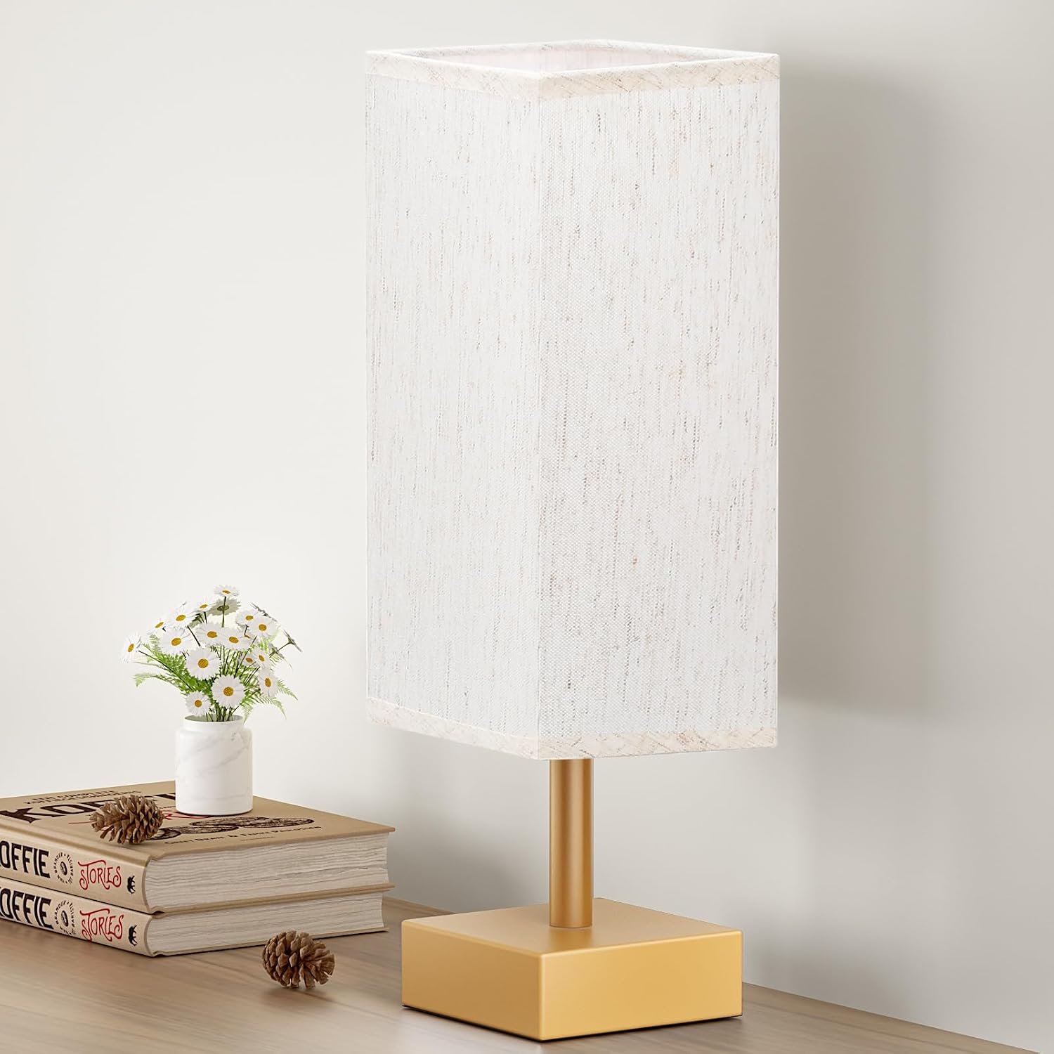 aooshine Gold Small Table Lamp - Bedside Lamp for Bedroom, Minimalist Nightstand Lamp with Square Fabric Shade, Desk Lamp for Kids Room Dorm