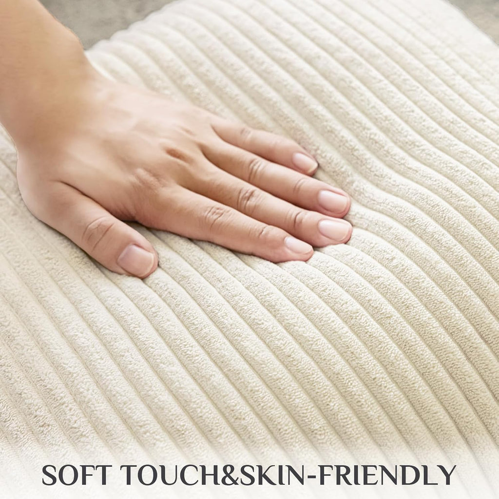 Softalker Throw Pillow Covers 18 x 18, Set of 2 - Cream Spring Decorative Soft Corduroy Striped Boho Beige Pillow Covers, White Cushion Pil…
