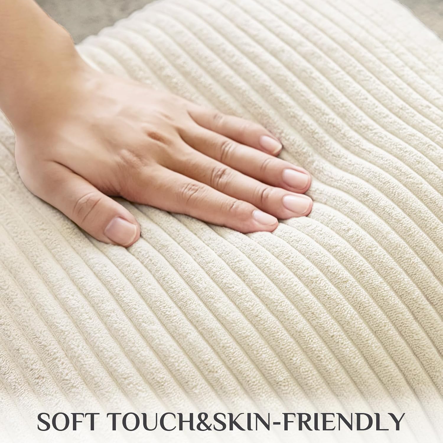 Softalker Throw Pillow Covers 18 x 18, Set of 2 - Cream Spring Decorative Soft Corduroy Striped Boho Beige Pillow Covers, White Cushion Pil…