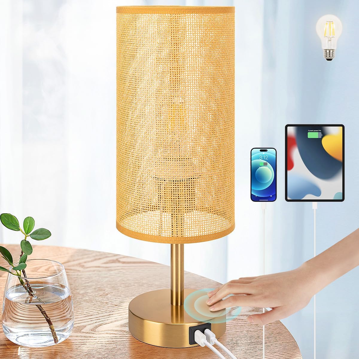 Yarra-Decor Bedside Lamp with USB Port - Touch Control Table Lamp for Bedroom Wood 3 Way Dimmable Nightstand Lamp with Round Flaxen…