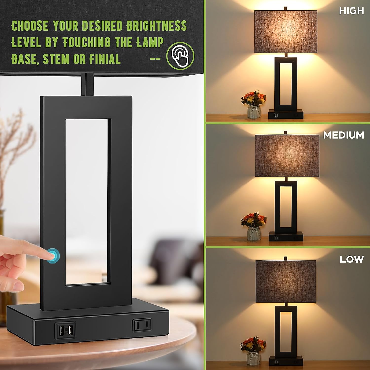 Tobusa 28’’ Tall Black Lamps for Living Rooms Set of 2, Modern Touch Control Table Lamps for Bedroom, 3 Way Dimmable Bedside Lamps with 2 U…