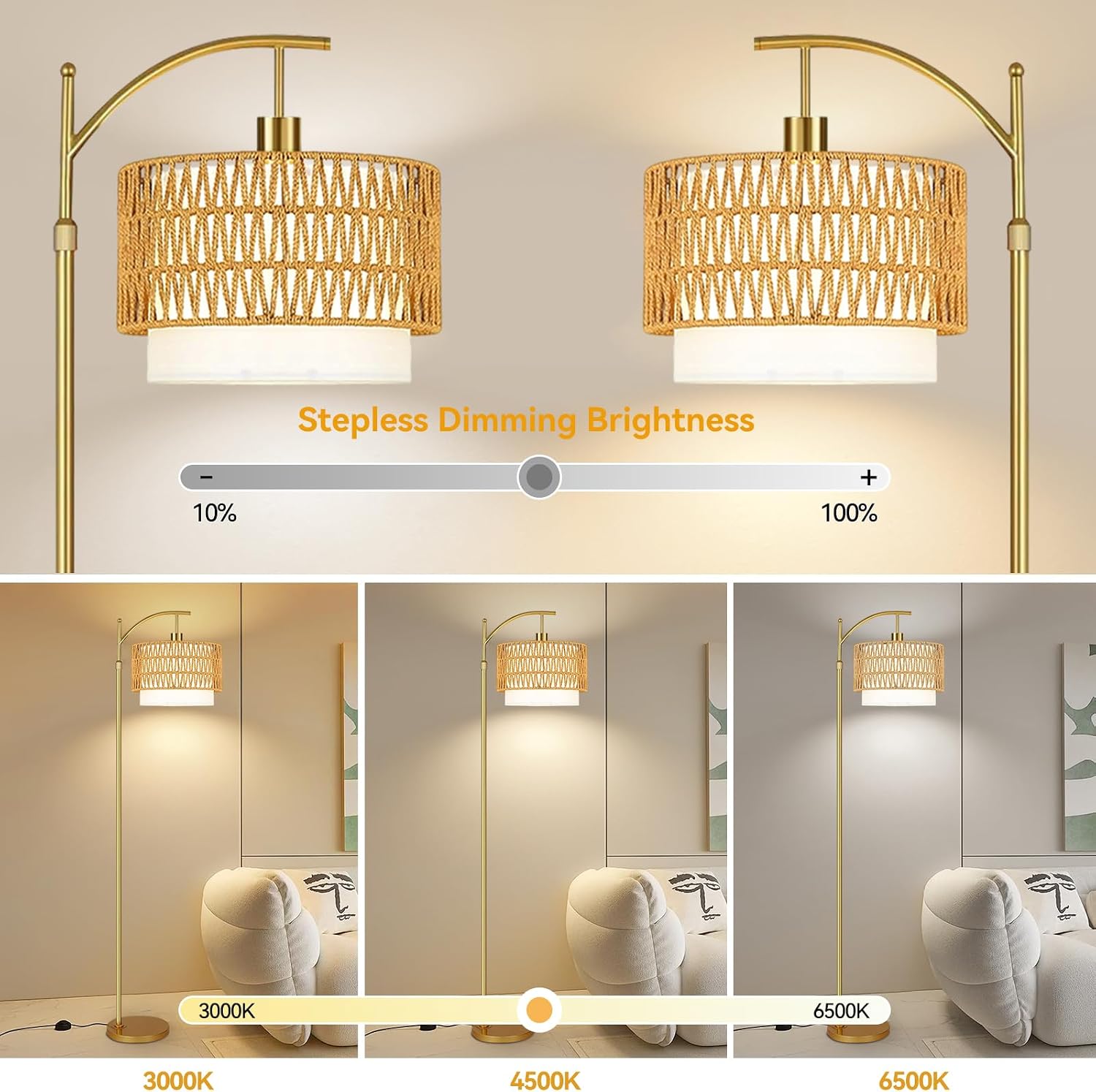 Gold Floor Lamps for Living Room Rattan Boho Floor Lamp with Remote Control & 3 Color Temperature, Dimmable Arc Floor Lamps Wicker Lamp…