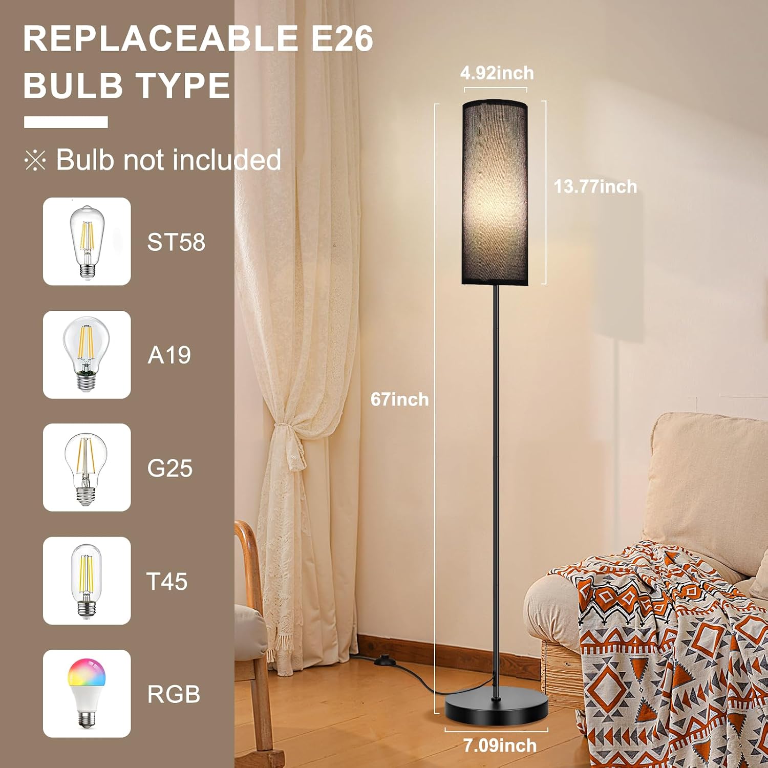 Fridekohome FRIDEKO HOME Black Shade Floor Lamp with, Simple Design with Foot Pedal Switch, Small Tall Lamps for Living Room Bedroom Office…