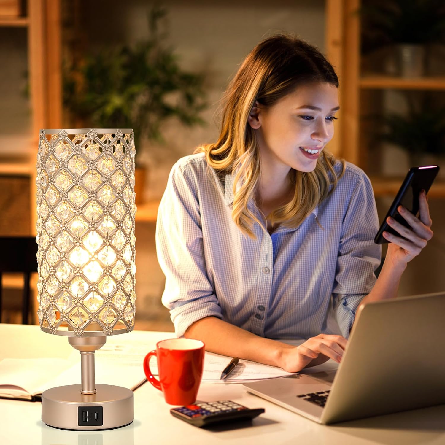 Crystal Table Lamp with USB C+A Ports, 3 Way Dimmable Touch Lamp with Crystal Shade, Champagne Gold Bedside Nightstand Small Lamp for…