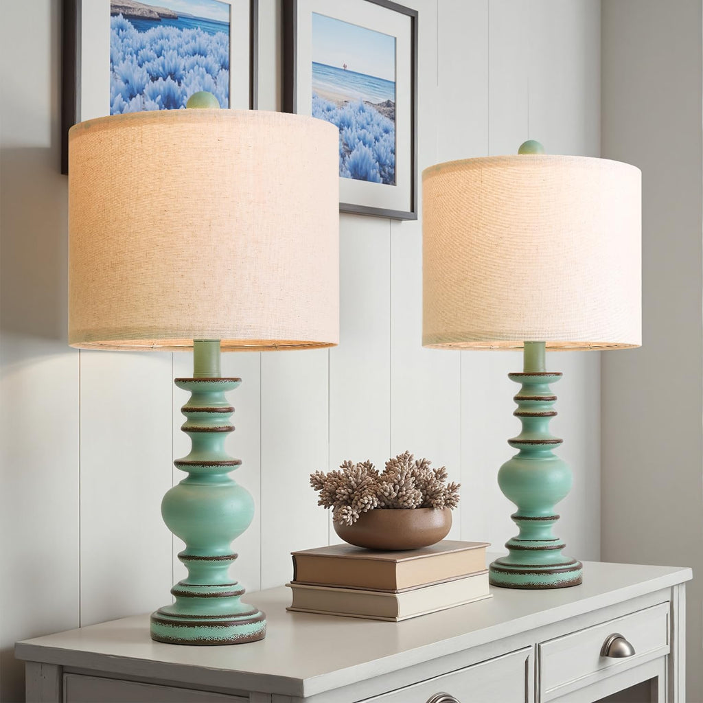 BOBOMOMO 20" Distressed Teal Bedside Lamps Set of 2, Hand-Painted Vintage Resin Lamps with Linen Shades, Cottage Farmhouse Lamp for…
