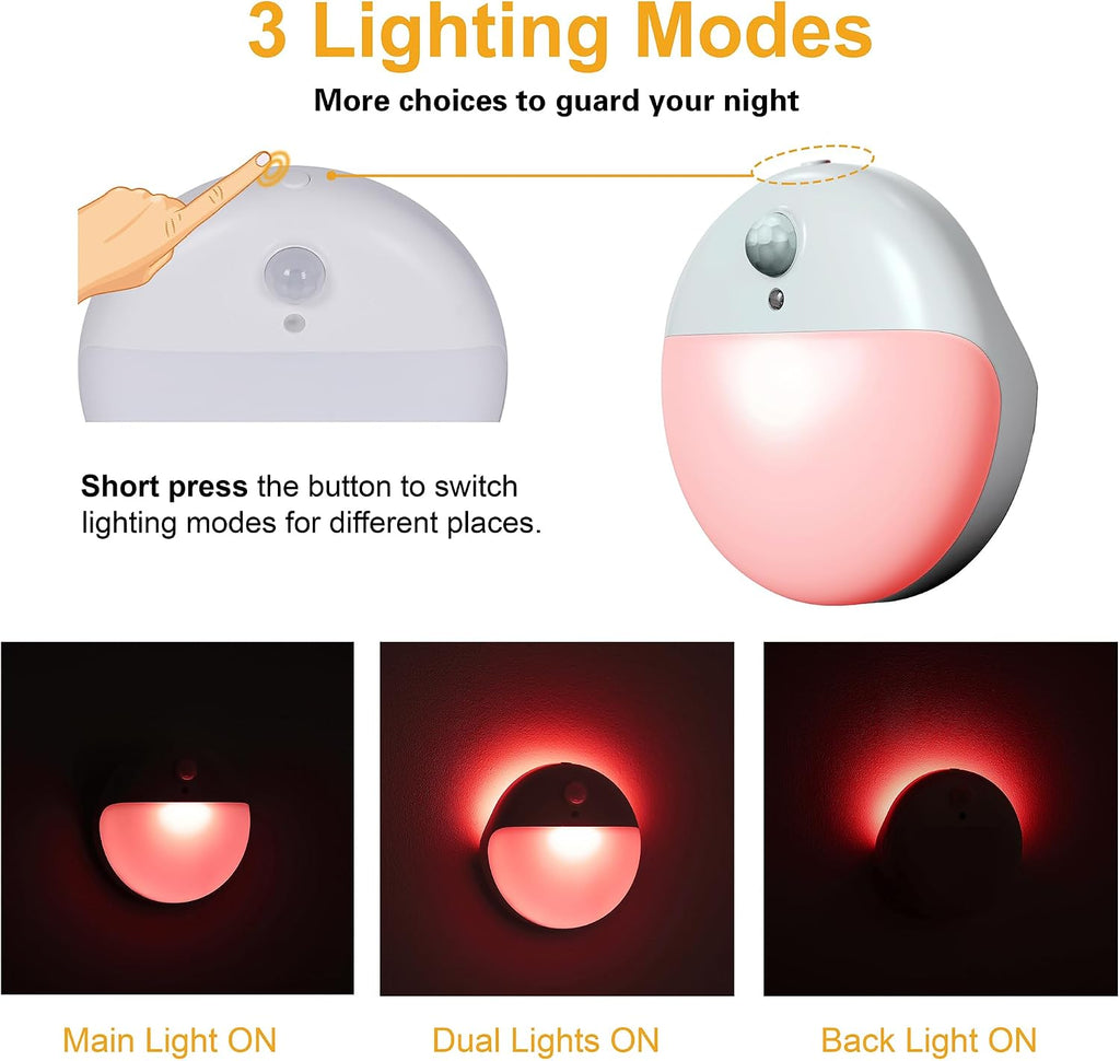 YUNLEX 2 Pack Red Night Light, Battery Operated Night Light, 2.6" Small Sticky Lights, Dimmable Motion Sensor Light, 3 Light Modes…
