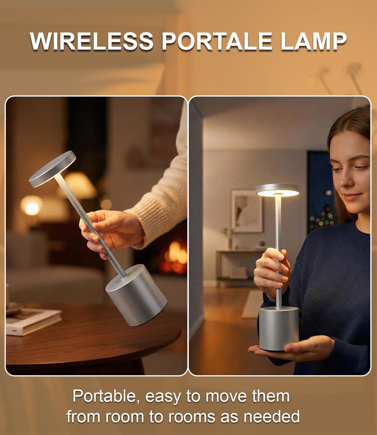 Silver Cordless Table Lamp Rechargeable - 2 Pack 5000mAH Battery Operated Lamp for Counter, 3 Color Stepless Dimming Waterproof LED…
