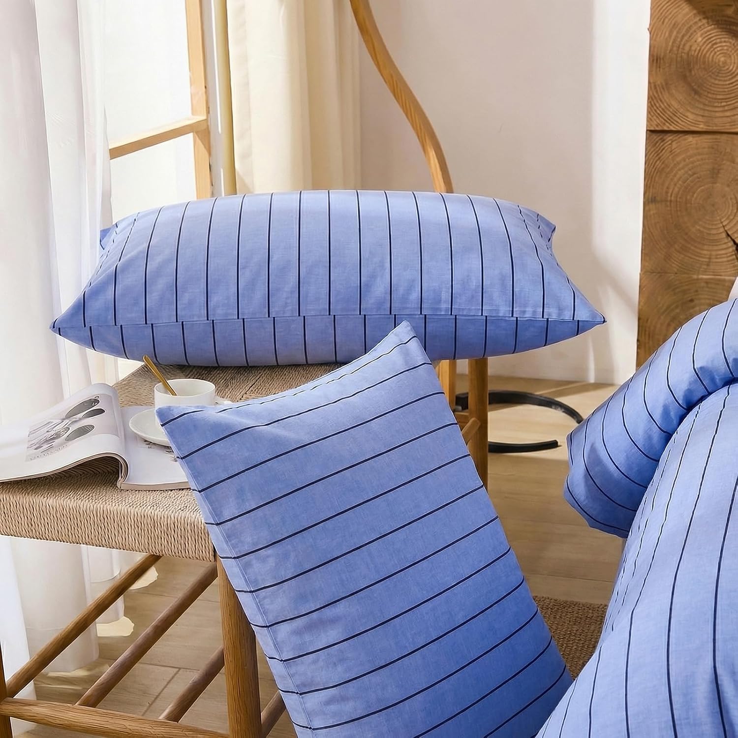 Merryword King Size Pillowcases, 100% Cotton Pillow Cases, Denim Blue Striped Pillowcases, Soft Breathable Pinstripe Pillow Covers, Set of…
