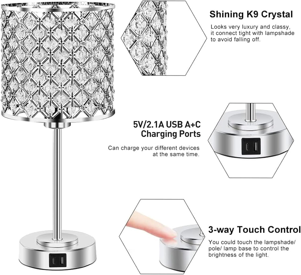 Crystal Table Bedside Lamp Touch Control, Dimmable Small Nightstand Lamp Set of 2 with USB-C+A Charging Ports, Decorative Silver Tabletop…