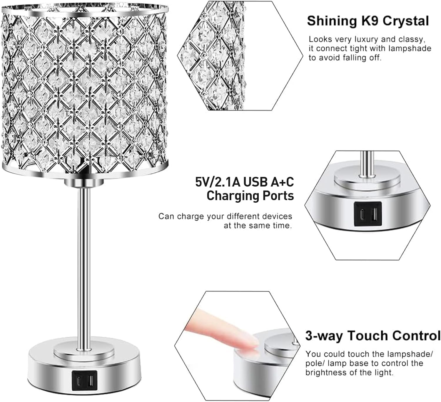 Crystal Table Bedside Lamp Touch Control, Dimmable Small Nightstand Lamp Set of 2 with USB-C+A Charging Ports, Decorative Silver Tabletop…