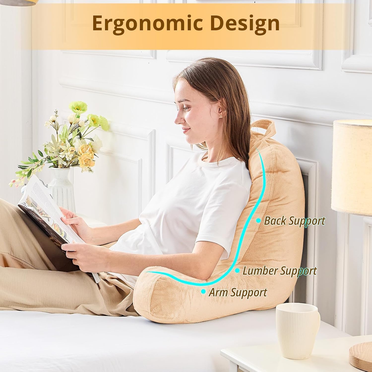 Sasttie Reading Pillow, Velvet Back Pillow for Bed Sitting Up, Adult Back-Rest Support Cushion with Arms for Sit Up on Couch, Sofa, and…