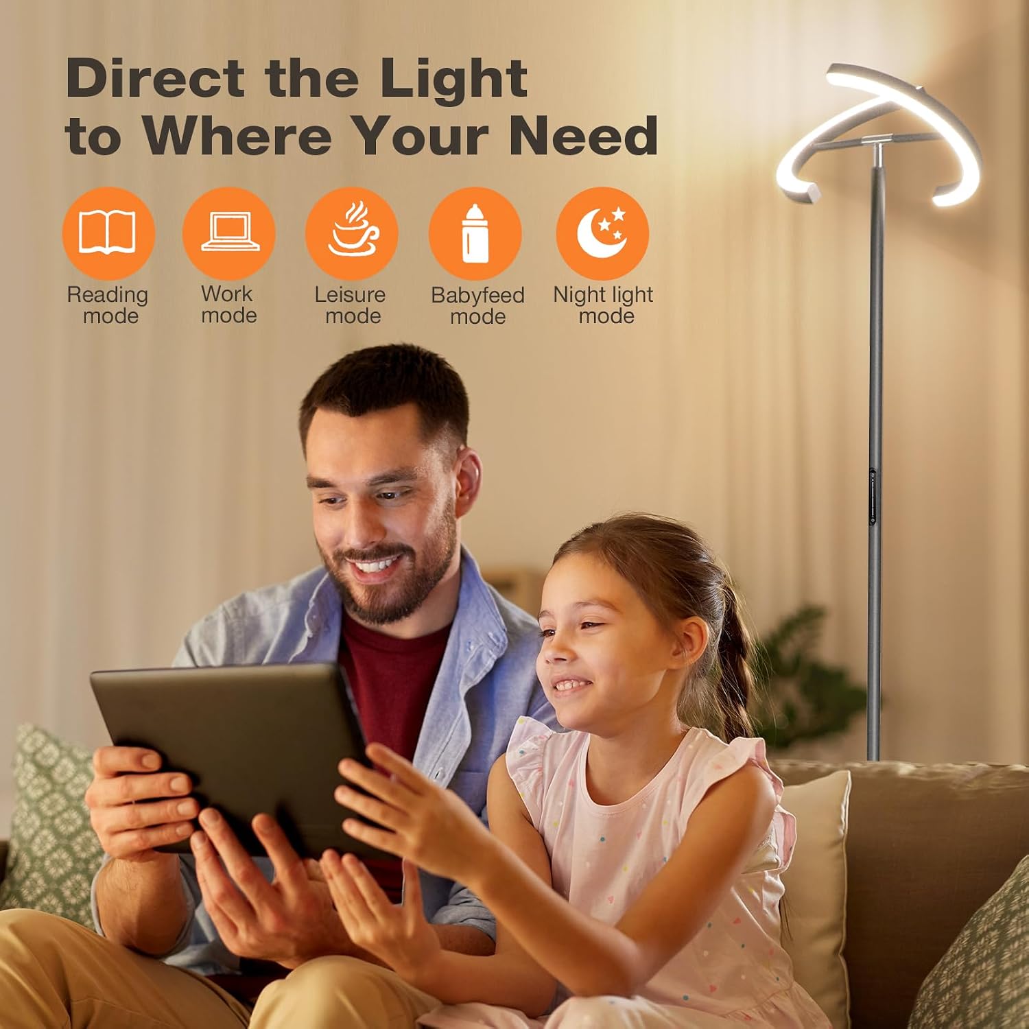 SIBRILLE Gunmetal Gray LED Floor Lamp - Rotatable Standing Lamp for Living Room Bedroom, 22W Dimmable Floor Readig Light with…